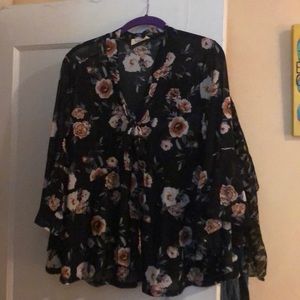 Embers Bell Sleeve Peplum Black Sheer Top Large